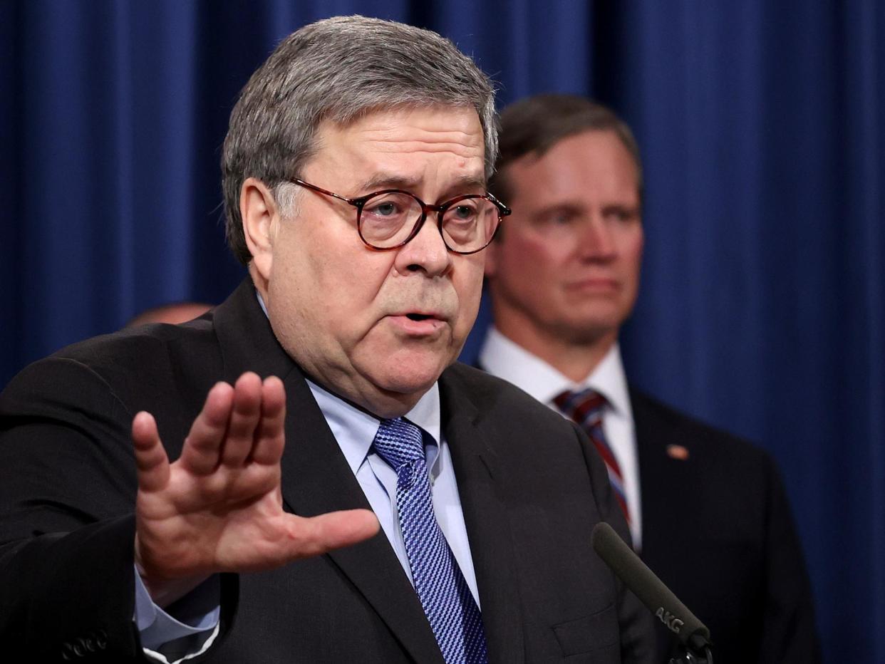 US attorney feneral William Barr speaks during a press conference on the shooting at the Pensacola naval base on 13 January 2020 in Washington, DC: (2020 Getty Images)