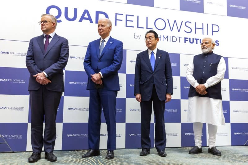 2022年5月24日，四方安全對話的成員國領導人：艾班尼斯、拜登、岸田文雄、莫迪（由左至右）。（美聯社）
