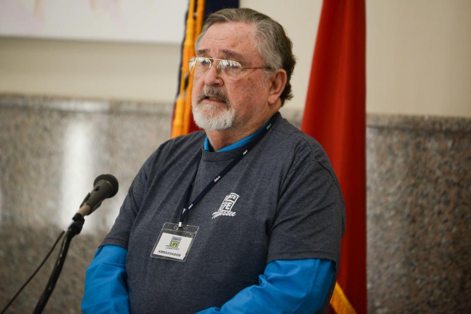 Liver transplant recipient Don Kimberly speaks about his experience getting the life-saving surgery inside Jackson City Hall, on Friday, April 12, 2024.