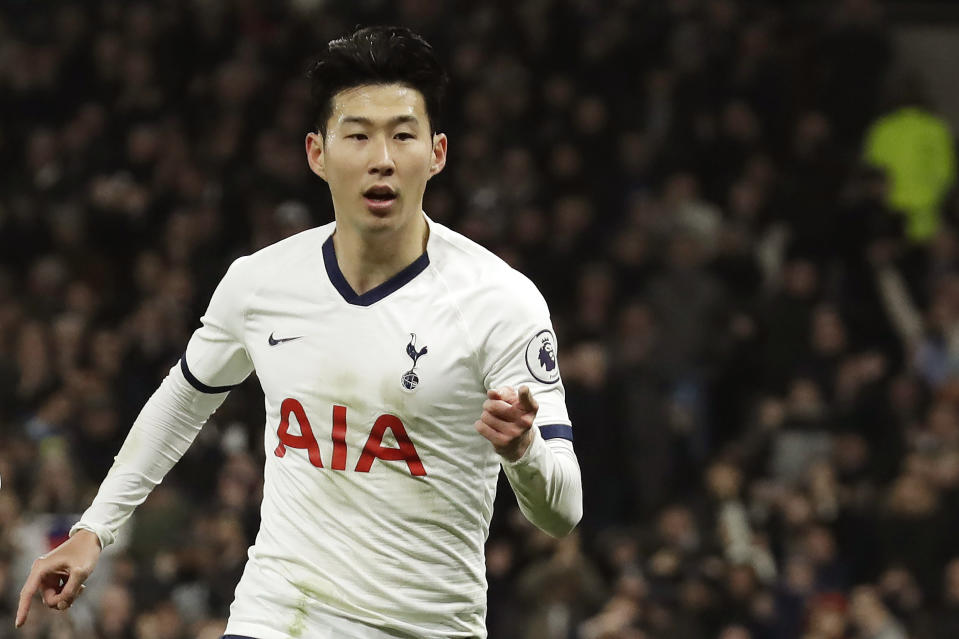 FILE - In this Wednesday, Jan. 22, 2020 file photo, Tottenham's Son Heung-min celebrates his goal against Norwich City during the English Premier League soccer match between Tottenham Hotspur and Norwich City at the Tottenham Hotspur Stadium in London, England. Tottenham forward Heung-min Son has started a three-week period of military service in his native South Korea. South Korea’s Yonhap News Agency says the 27-year-old Son reported to a Marine Corps unit on the southern island of Jeju and will be in camp until May 8. (AP Photo/Matt Dunham, File)