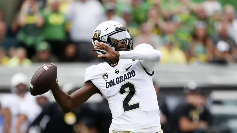 Colorado quarterback Shedeur Sanders (2) plays during an NCAA football game against Oregon, Saturday, Sept. 23, 2023, in Eugene, Ore. Oregon won 42-6. (AP Photo/Amanda Loman)