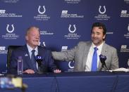 Indianapolis Colts interim coach Jeff Saturday speaks while team owner Jim Irsay listens during a news conference at the NFL football team's practice facility Monday, Nov. 7, 2022, in Indianapolis. (AP Photo/Darron Cummings)