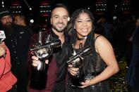 Telemundo’s <em>La Voz U.S.</em> season 1 winner Jeidimar Rijos poses next to her coach Luis Fonsi onstage during the finale live taping at Cisneros Studios on Sunday in Medley, Florida.