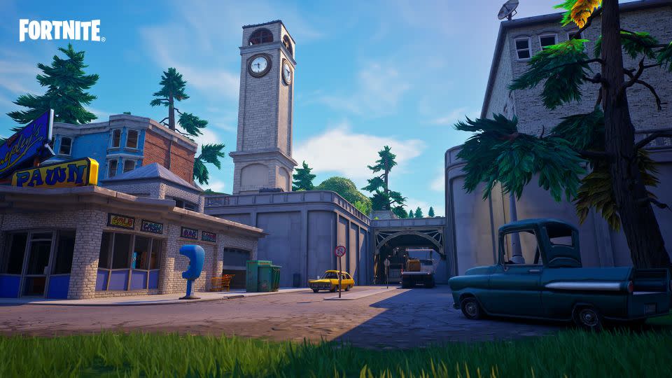 An image of "Tilted Towers," a location introduced in Fortnite's Season 2 that stayed on the Island until Season 9, now returning for players in Fortnite OG. - From Epic Games