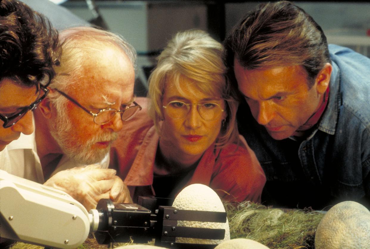 A scene of Laura Dern and Sam Neill in "Jurassic Park"