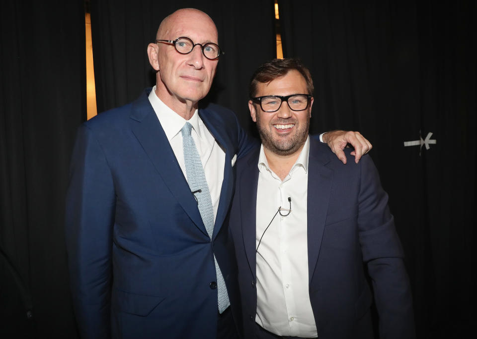 NEW YORK, NY - JULY 17:   Executive Chairman of Perform Group John Skipper (L) and DAZN CEO James Rushton pose backstage at the launch of gloal sports streaming service DAZN - The Future of Sports Streaming at Industria Studios on July 17, 2018 in New York City.  (Photo by Johnny Nunez/Getty Images for DAZN)