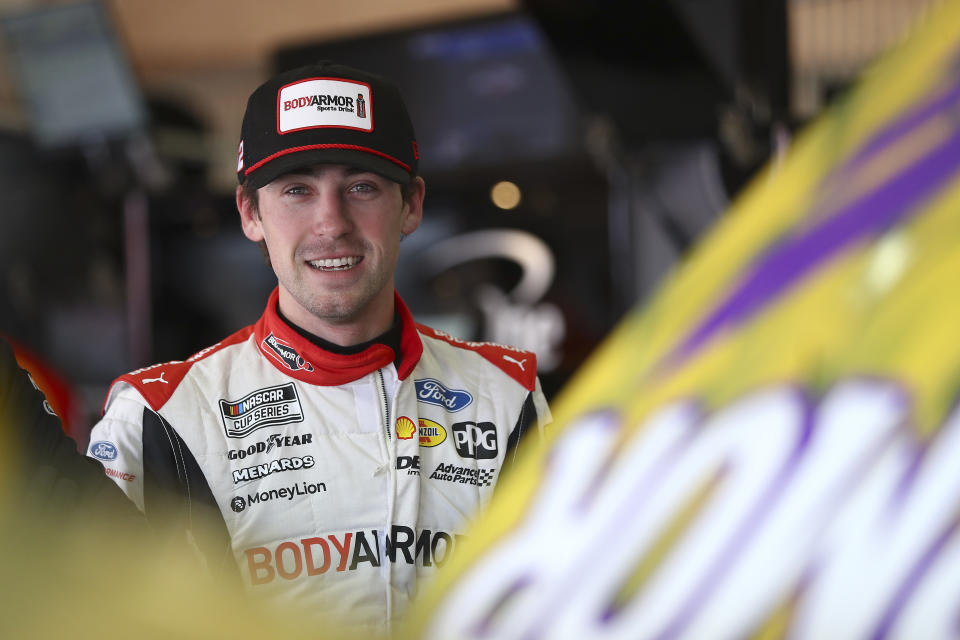 FONTANA, CALIFORNIA - FEBRUARY 28: Ryan Blaney, driver of the #12 BodyArmor Ford, prepares for practice laps at Auto Club Speedway on February 28, 2020 in Fontana, California. (Photo by Meg Oliphant/Getty Images)