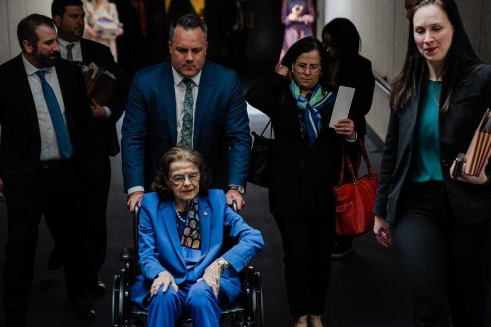 Sen. Dianne Feinstein departs a hearing May 11 on Capitol Hill. Feinstein is among multiple stakeholders at odds over the estate of her late husband, Richard Blum.