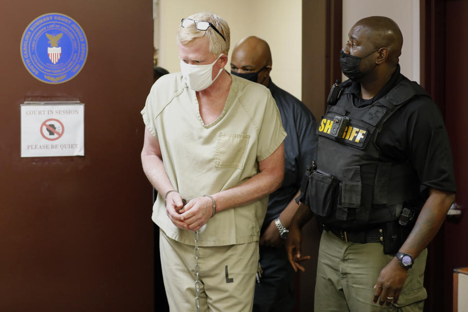 FILE - Lawyer Alex Murdaugh walks into his bond hearing on Sept. 16, 2021, in Varnville, S.C. The South Carolina Supreme Court announced, Thursday, June 16, 2022, that they want to revoke the law license of Murdaugh, saying there is overwhelming evidence he stole millions of dollars from his clients even though more than 70 criminal charges against the prominent lawyer have not been resolved. (AP Photo/Mic Smith, File)