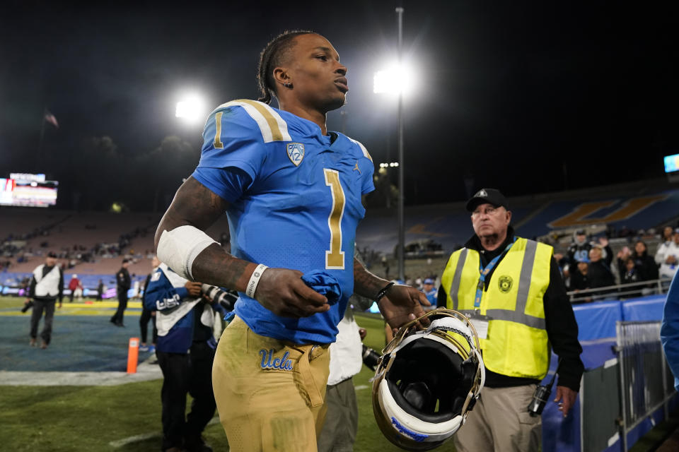 UCLA quarterback Dorian Thompson-Robinson (1) leaves the field after a 38-13 win over Stanford in an NCAA college football game in Pasadena, Calif., Saturday, Oct. 29, 2022. (AP Photo/Ashley Landis)