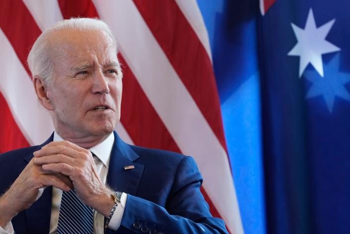 President Joe Biden answers questions on the U.S. debt limits ahead of a bilateral meeting with Australia&#39;s Prime Minister Anthony Albanese on the sidelines of the G7 Summit in Hiroshima, Japan, Saturday, May 20, 2023.