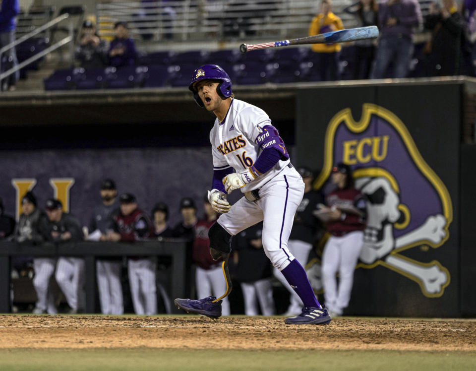This photo provided by East Carolina University shows Parker Byrd during an NCAA college baseball game against Rider, Friday, Feb. 16, 2024 in Greenville, N.C. East Carolina sophomore Parker Byrd appeared in Friday’s season-opening win against Rider with a prosthetic leg after having part of his right leg amputated following a 2022 boating accident. The school said he is the first NCAA Division I athlete to play in a game with a prosthetic leg. (East Carolina University via AP)