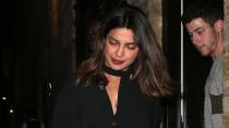 The actress was spotted in fashion-forward trousers as she left dinner with boyfriend Nick Jonas.