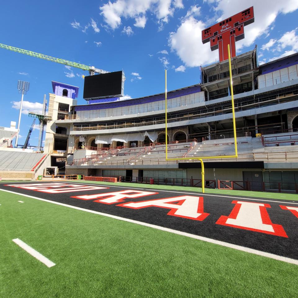 Progress on construction of the Jones AT&T Stadium south end zone building is shown on Tuesday, April 30, 2024.
