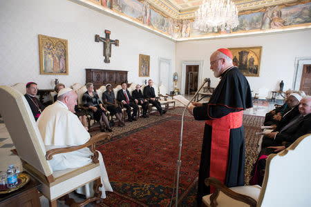 Cardinal Sean Patrick O'Malley speaks as Pope Francis meets with members of the Pontifical Commission for the Protection of Minors at the Vatican, September 21, 2017. Osservatore Romano/Handout via REUTERS