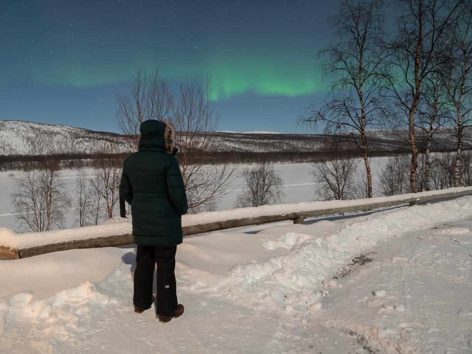 The author standing on snow looking at green northern lights over mountains.