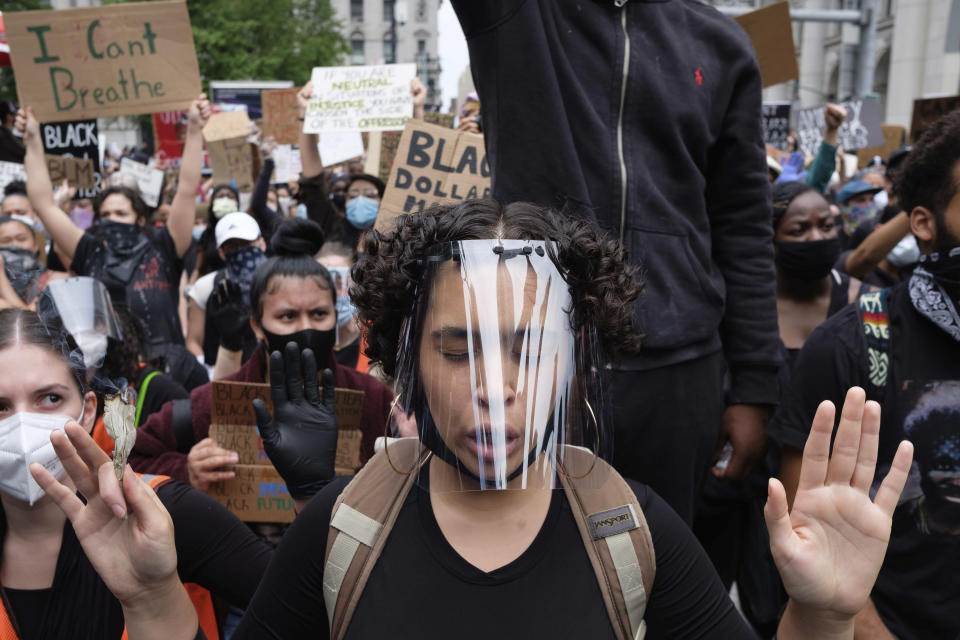 FILE - Protesters gather at Foley Square, June 2, 2020, in New York, as part of a demonstration against police brutality sparked by the death of George Floyd, a Black man who died earlier that year after Minneapolis police officers restrained him. The death of Tyre Nichols in Memphis stands apart from some other police killings because the young Black man was beaten by Black officers. But the fact that Black officers killed a Black man didn’t remove racism from the situation. (AP Photo/Yuki Iwamura, File)