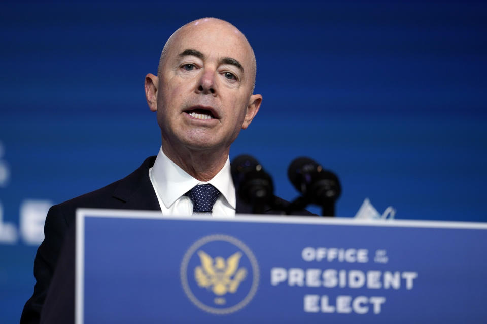 President-elect Joe Biden's Homeland Security Secretary nominee Alejandro Mayorkas speaks at The Queen theater, Tuesday, Nov. 24, 2020, in Wilmington, Del. (Carolyn Kaster/AP)