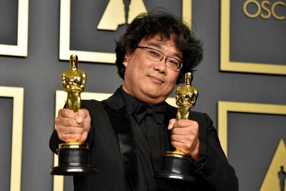 Writer-director Bong Joon-ho, winner of the Best Picture, Director, Original Screenplay, and International Feature Film awards for "Parasite," poses in the press room during the 92nd Annual Academy Awards at Hollywood and Highland on February 09, 2020 in Hollywood, California.