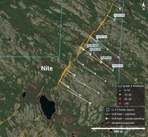 Plan view showing the surface expression of the Nite pegmatite with diamond drill holes reported in this press release.