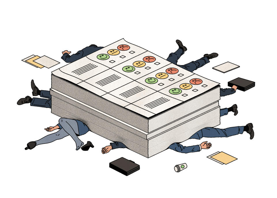 En medio de despidos y trabajos en constante cambio, el estrés de los empleados está en su nivel más elevado, incluso ahora que las encuestas de compromiso laboral son cada vez más frecuentes y se realizan con alta tecnología. ¿Qué les está faltando a las empresas? (Álvaro Bernis/The New York Times)
