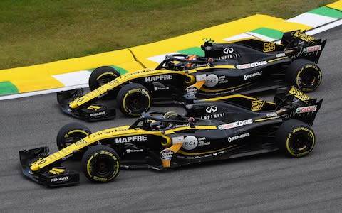  Nico Hulkenberg of Germany driving the (27) Renault Sport Formula One Team RS18 and Carlos Sainz of Spain driving the (55) Renault Sport Formula One Team RS18 on track during the Formula One Grand Prix of Brazil at Autodromo Jose Carlos Pace on November 11, 2018 in Sao Paulo, Brazil - Credit: Getty Images