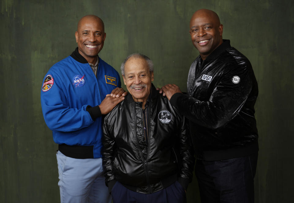 NASA astronauts Victor Glover, from left, Ed Dwight and Leland Melvin pose for a portrait to promote the National Geographic documentary film "The Space Race" during the Winter Television Critics Association Press Tour, Thursday, Feb. 8, 2024, at The Langham Huntington Hotel in Pasadena, Calif. (AP Photo/Chris Pizzello)