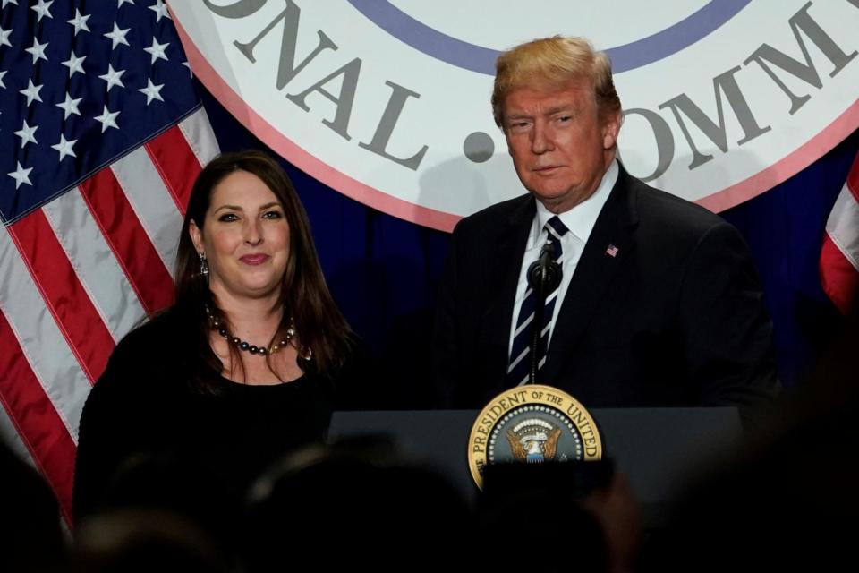 PHOTO: Former President Donald Trump is introduced by RNC chairwoman Ronna McDaniel at the Republican National Committee's winter meeting at the Washington Hilton in Washington, Feb. 1, 2018.  (Yuri Gripas/Reuters, FILE)