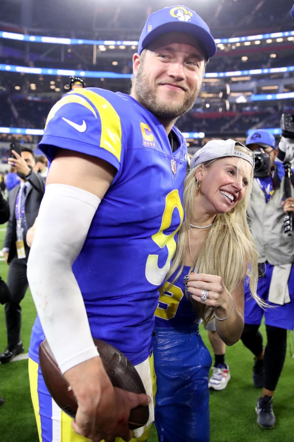 Matthew Stafford and Kelly Stafford react after the Rams defeat the San Francisco 49ers  in the NFC Championship Game on 30 January 2022 in Inglewood, California (Christian Petersen/Getty Images)