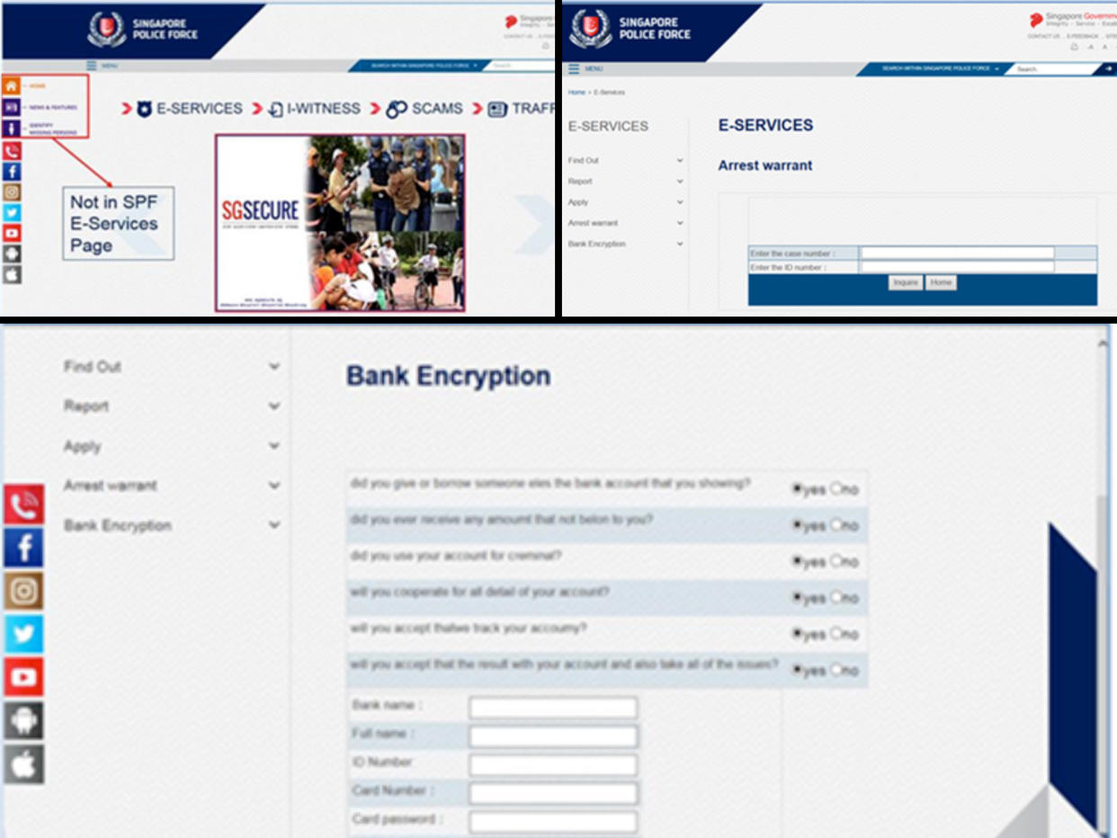 Screengrabs taken of the fake SPF “E-Services” website. (PHOTOS: SPF)
