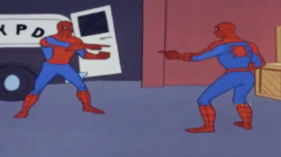 Two spider-mans pointing at each other