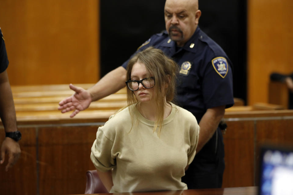 Anna Delvey-Sorokin, charged with grand larceny for alleged multiple thefts totaling $275,000, appears in New York State Supreme Court, in New York, Tuesday, Oct. 30, 2018. (AP Photo/Richard Drew)