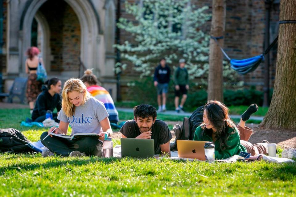 From left, Elsie Gotham, first-year; Ansh Amin, first-year; and Cheryl Li, sophomore, study together on the Abele Quad during a gorgeous spring afternoon.