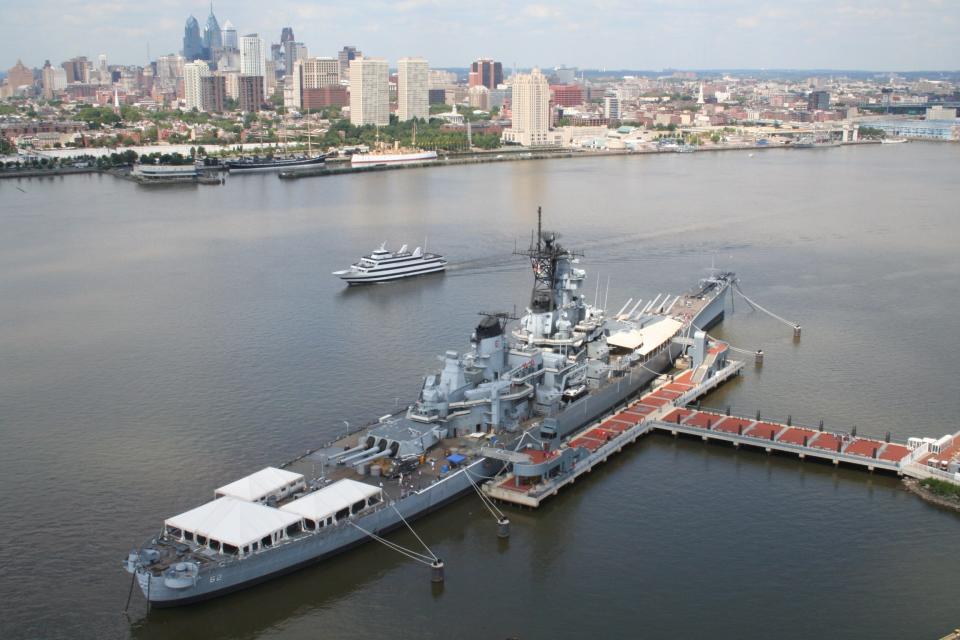 Battleship New Jersey Museum and Memorial sits at its own pier on the Delaware River in Camden and across from the Philadelphia riverfront and skyline. This veteran of three major wars was built at the former Philadelphia Navy Yard during World War War II and is open for tours,