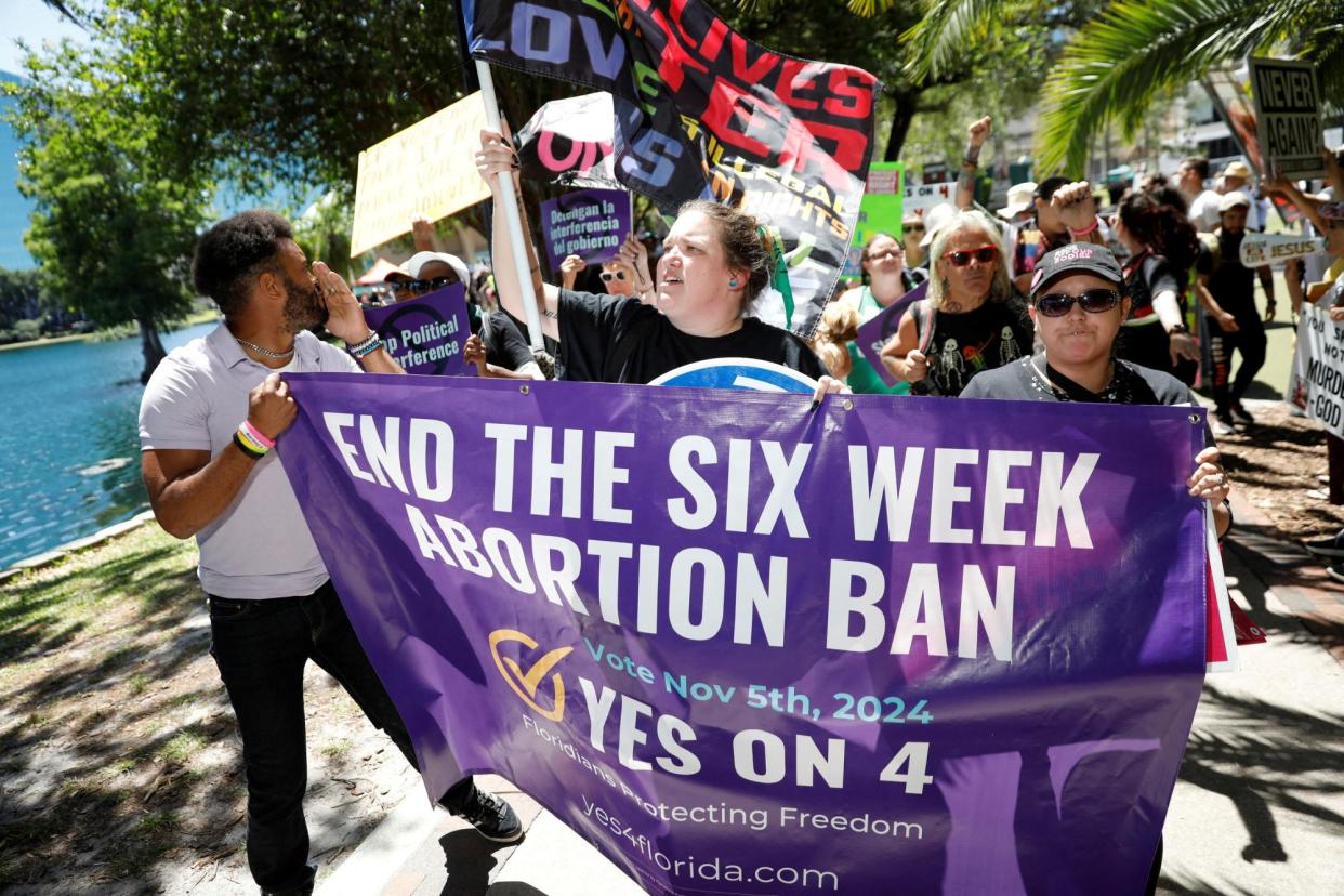 <span>Abortion rights advocates gather to launch their 'Yes on 4' campaign against the six-week abortion ban on 13 April 2024 in Orlando, Florida.</span><span>Photograph: Octavio Jones/Reuters</span>