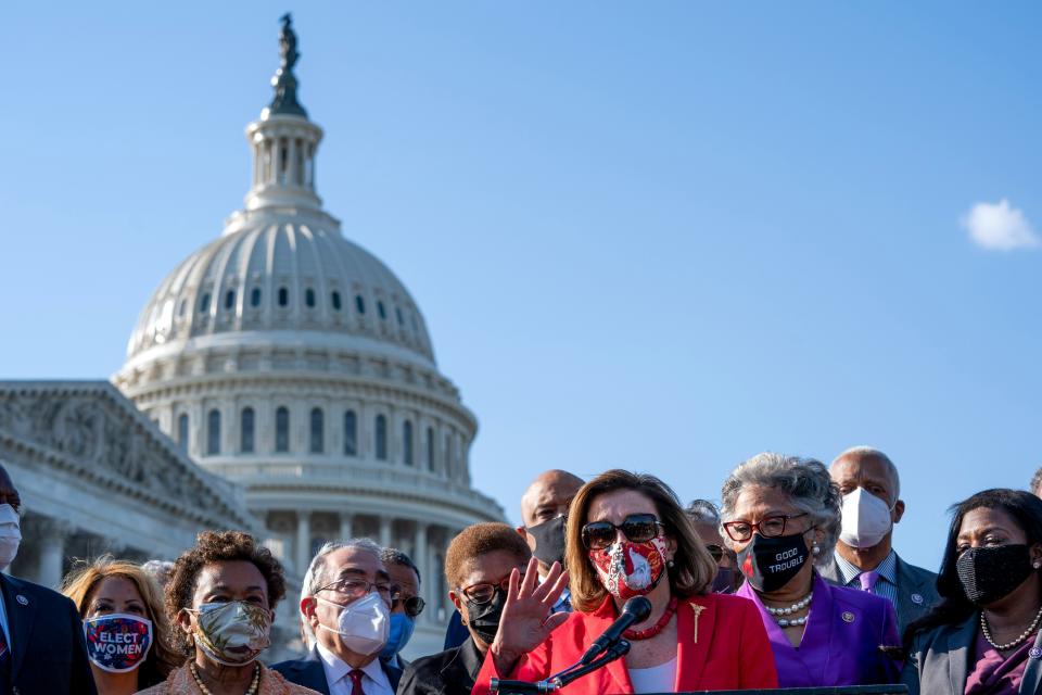 <p>House Speaker Nancy Pelosi of California, speaks as Chairwoman of the Congressional Black Caucus, in a press conference after the conviction of Derek Chauvin</p> (AP)