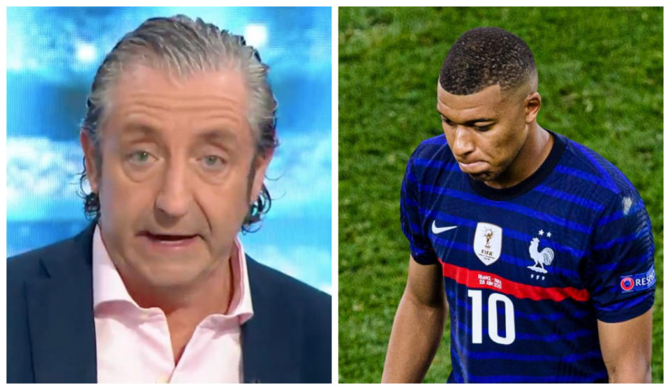 Josep Pedrerol en 'El chiringuito de jugones': Kylian Mbappé tras fallar el penalti ante Suiza en la Eurocopa. (Fuentes: Twitter/elchiringuitotv; Marcio Machado/Getty Images)