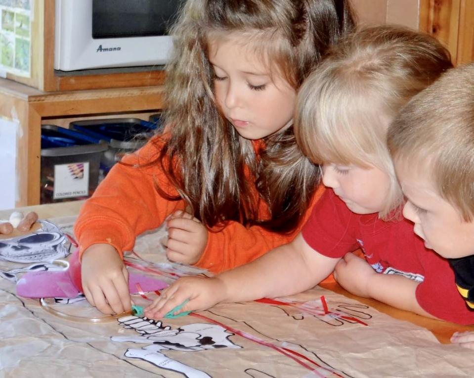 Haven Girard (left), Peyton Pierpont (center) and Braydon Wells (right) work on a model of organs as part of a study of the human body in Chris Nelson’s family child care program in North Troy, Vermont.<br> (Chris Nelson)<br>
