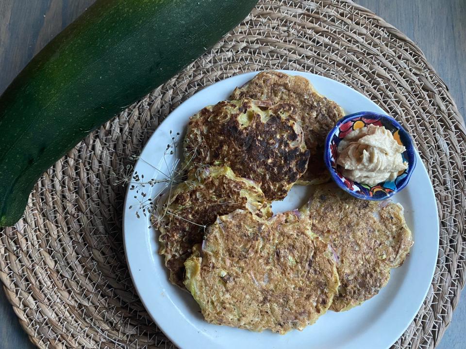The wonder of utilizing overgrown zucchini is that they can be peeled, seeded, and grated to use in all types of recipes from casseroles, to zucchini bread, to fritters.