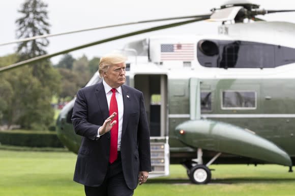 President Trump arriving on the White House South lawn.