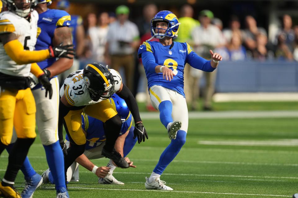 Rams kicker Brett Maher reacts after missing a field goal in the second half of their Week 7 game against the Steelers.