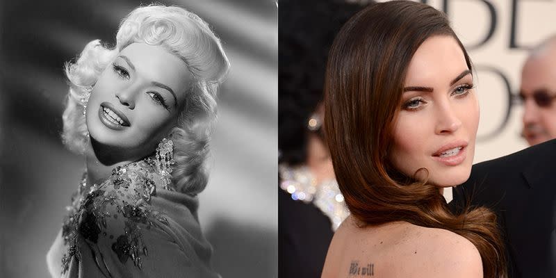 <p>Megan Fox may not share Jayne Mansfield's platinum blonde hair, but their brown eyes and full pouts make Megan nearly identical to the late film star.</p>