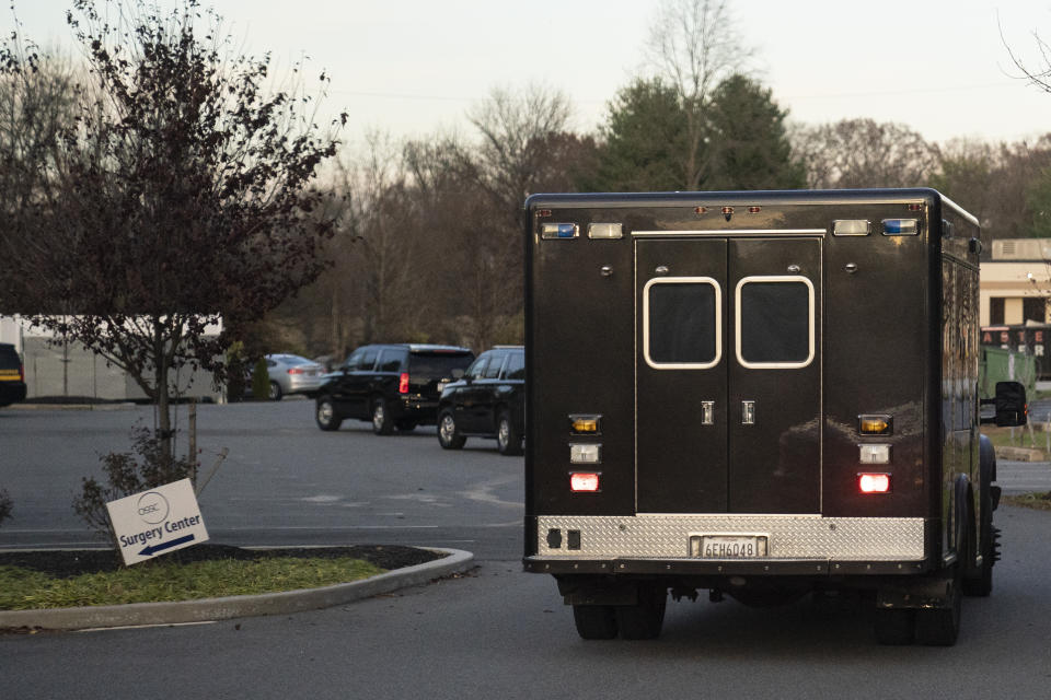 A motorcade with President-elect Joe Biden aboard arrives at Delaware Orthopaedic Specialists to see a doctor, Sunday, Nov. 29, 2020, in Newark, Del. Biden slipped while playing with his dog Major, and twisted his ankle. (AP Photo/Carolyn Kaster)