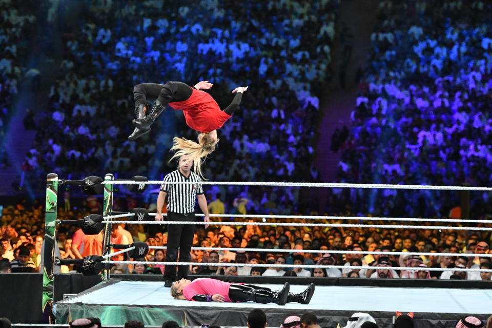 Natalya Neidhart and Lacey Evans participated in the first women's professional wrestling match in Saudi Arabia at WWE's 'Crown Jewel' event on Oct. 31, 2019 in Riyadh. (Photo courtesy of WWE)