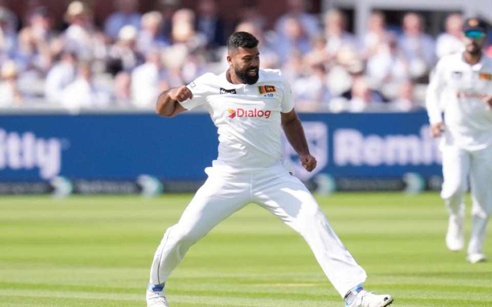 Lahiru Kumara celebrates the wicket of Dan Lawrence