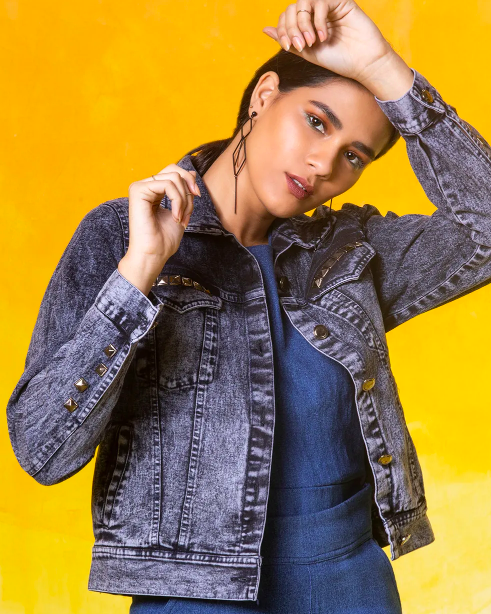 <a href="https://fave.co/2O1t6iE" rel="noopener" target="_blank" data-ylk="slk:BUY HERE;elm:context_link;itc:0;sec:content-canvas" class="link ">BUY HERE</a> Denim jacket with faded effect and studs, by There! from Nykaa Fashion, for Rs. 3,000