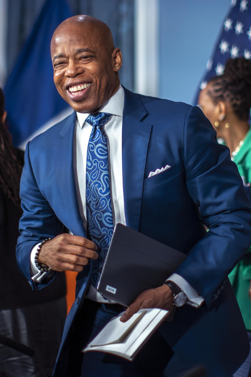 New York City Mayor Eric Adams, smiles as he exits the chamber after taking part in a news conference at City Hall in New York, Tuesday, March 19, 2024. (AP Photo/Eduardo Munoz Alvarez)