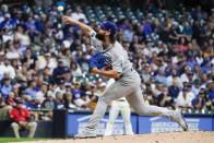 Los Angeles Dodgers starting pitcher Tony Gonsolin throws during the first inning of a baseball game against the Milwaukee Brewers Wednesday, Aug. 17, 2022, in Milwaukee. (AP Photo/Morry Gash)