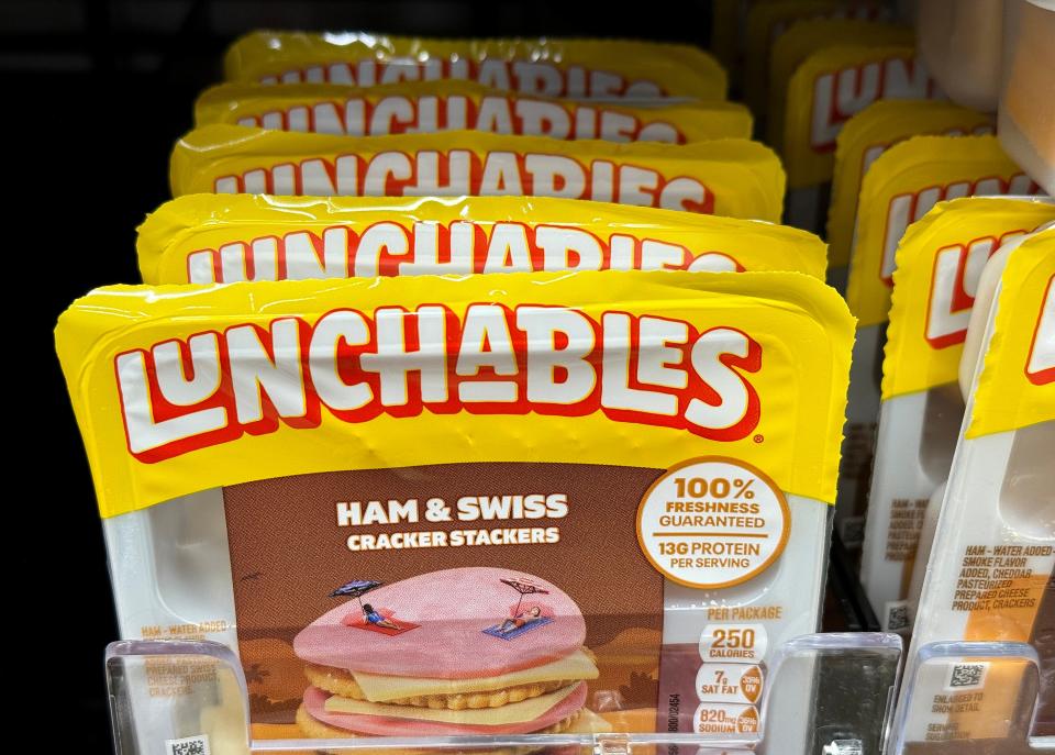 Packages of Lunchables are displayed on a shelf at a Safeway store on April 10, 2024 in San Anselmo, California. Consumer Reports is asking for the Department of Agriculture to eliminate Lunchables food kits from the National School Lunch Program after finding high levels of lead, sodium and cadmium in tested kits. Phthalates, chemicals found in plastic that have been linked to cancer, reproductive problems and diabetes was also detected in one of the kits tested.