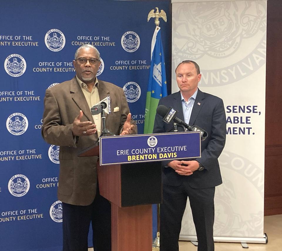 Greater Erie Community Action Committee Executive Director Danny Jones, on left, and Erie County Executive Brenton Davis speak at a news conference about the Earn and Learn program on May 14, 2024 at the Erie County Courthouse.